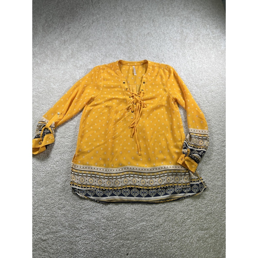 D&Co Couture Blouse Womens‎ Small Yellow Boho Long Sleeve Lace Up Printed Top
